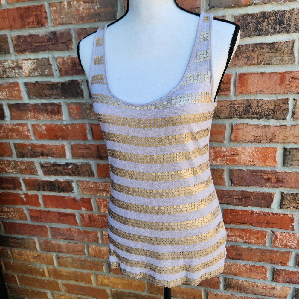 Vintage Y2K Love Happiness Tan Gold Sequins Womens Small Tank‎ Top Club Party